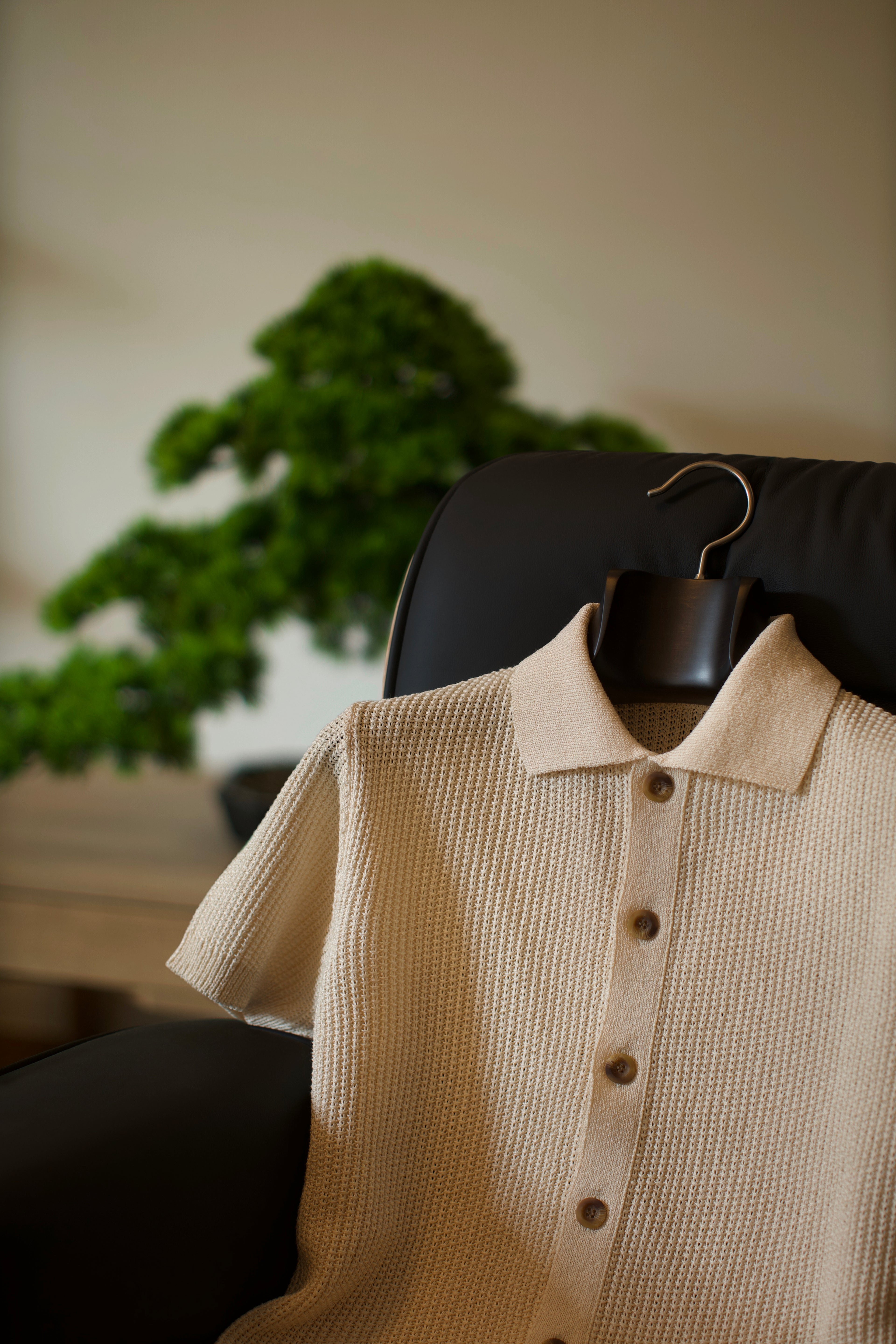 Beige Knit Button Polo Shirt