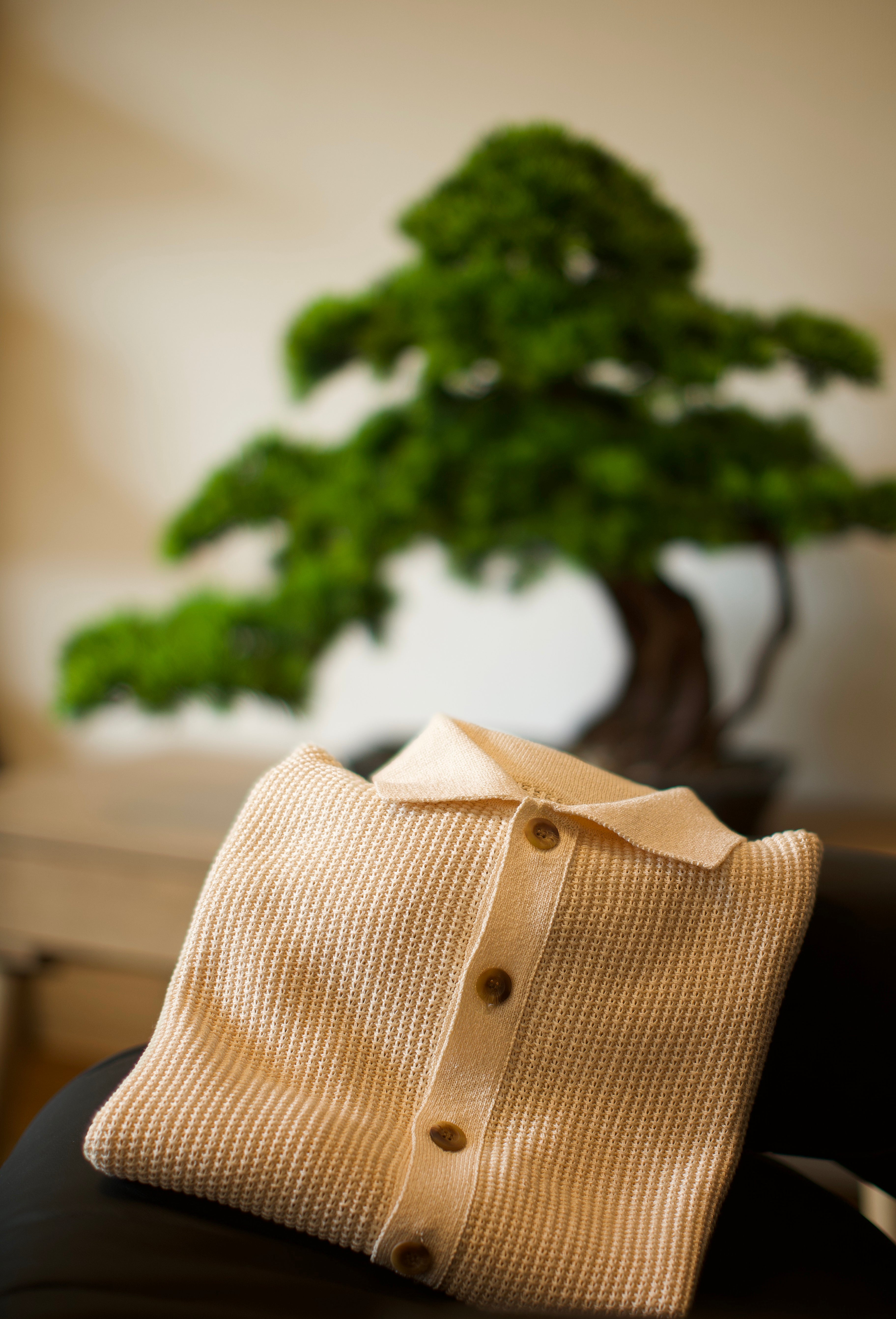 Beige Knit Button Polo Shirt